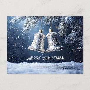 Postal Campanas ornamentadas de plata en pinos helados