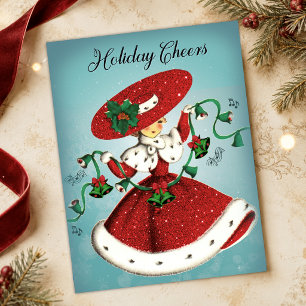 Postal Campanas verdes de Navidad vintage con brillo rojo