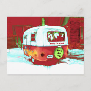 Postal Camper Retro Navidades Rojo Vintage