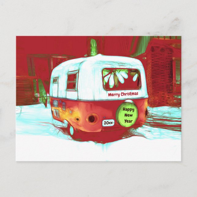 Postal Camper Retro Navidades Rojo Vintage (Anverso)