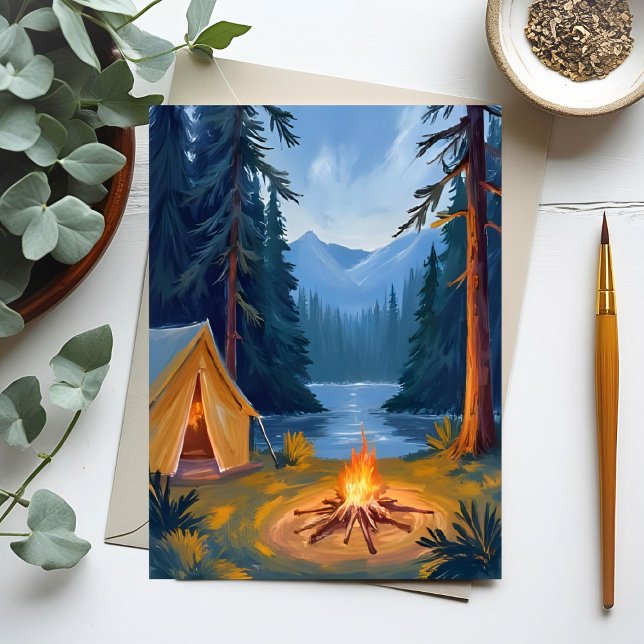 Postal Camping Forestal Campfire Tent Watercolor (Subido por el creador)