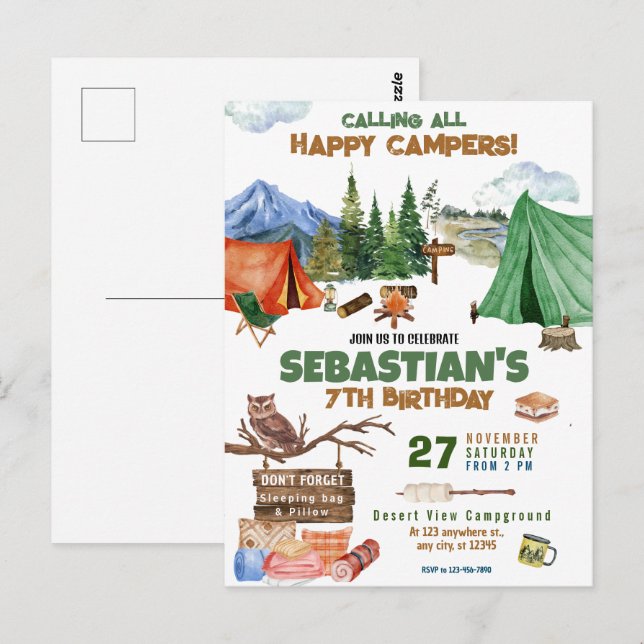Postal Camping Outdoor Adventure Boy Birday Party (Anverso / Reverso)