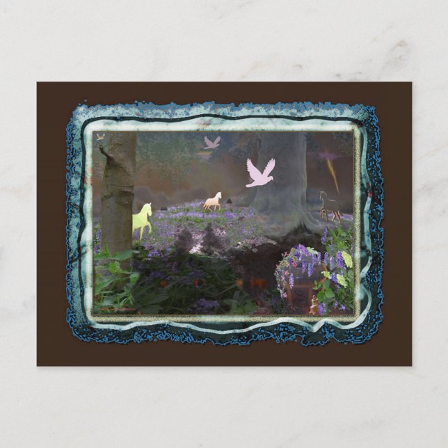 Postal campo azul con unicornios (Anverso)