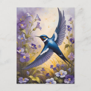 Postal Campo de barbecho volador de flores violetas