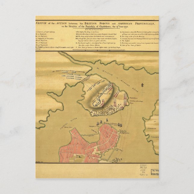 Postal Campo de batalla del mapa de Bunker Hill 1775 (Anverso)