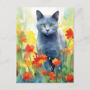 Postal Campo de flores de gato azul ruso