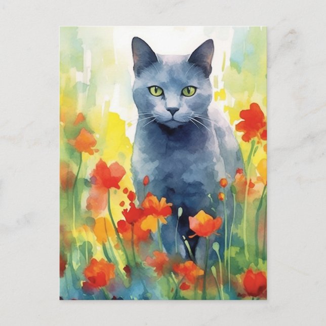 Postal Campo de flores de gato azul ruso (Anverso)
