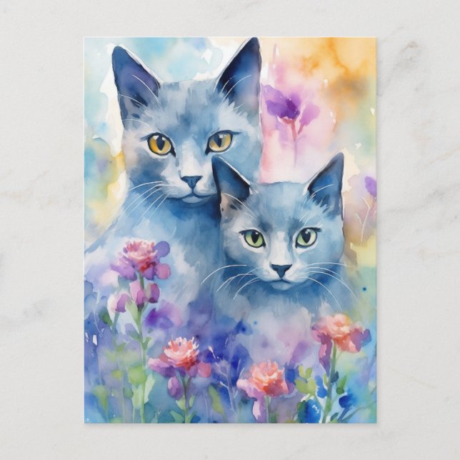 Postal Campo de flores de los gatos azules rusos (Anverso)