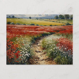 Postal Campo de Flores Rojas Blancas Escena de la Natural