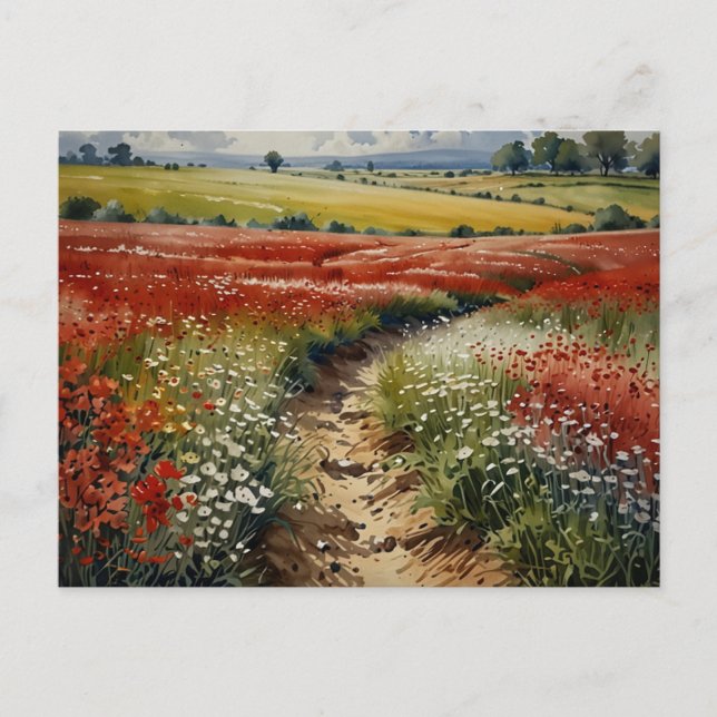 Postal Campo de Flores Rojas Blancas Escena de la Natural (Anverso)
