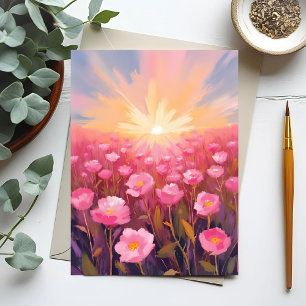 Postal Campo de flores rosadas acuarela floral