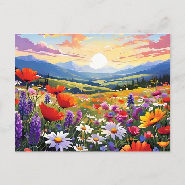 Postal Campo de flores silvestres con colinas onduladas (Anverso)