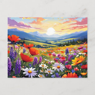 Postal Campo de flores silvestres con colinas rocosas