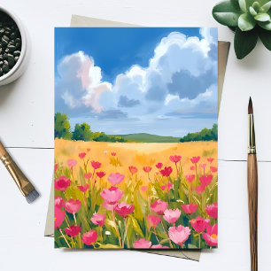 Postal Campo de flores silvestres rosadas pintura acuarel