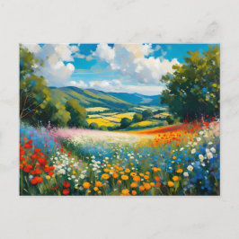 Postal Campo de flores vibrantes y prados rodando