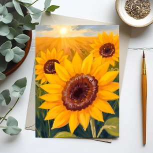 Postal Campo de Girasoles   Acuarela Amarilla Floral Pint