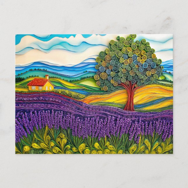 Postal Campo de lavanda de Provenza en estilo quilling (Anverso)