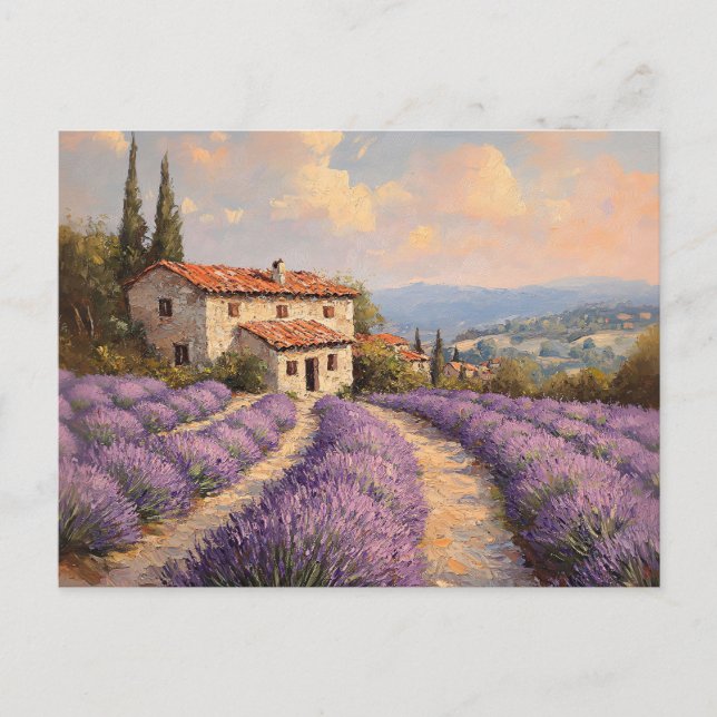 Postal Campo de lavanda toscano con cabaña de piedra (Anverso)