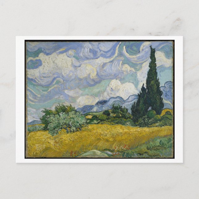 Postal Campo de trigo con cipreses pintados por Van Gogh (Anverso)