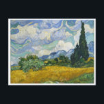 Postal Campo de trigo con cipreses, Vincent van Gogh<br><div class="desc">Los cipreses ganaron terreno en el trabajo de Van Gogh hacia fines de junio de 1889 cuando decidió dedicar una de sus primeras series en Saint-Rémy a los árboles que se alzaban. Distintivo por sus ricos impactos, sus exuberantes estudios sobre el terreno incluyen la visión vertical de los cipreses de...</div>