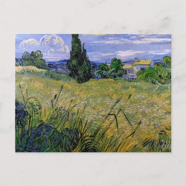 Postal Campo de Trigo Verde con Cypress de Van Gogh. (Anverso)