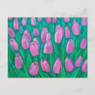 Postal Campo de tulipanes rosados, pintura con flores de 