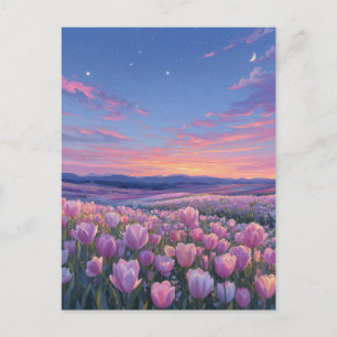 Postal Campo de Tulipanes Rosas Bajo la Media Luna Estrel