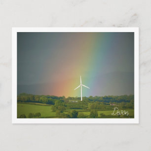 Postal Campo Devon con arco iris y turbina eólica
