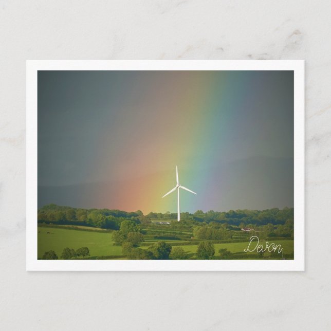 Postal Campo Devon con arco iris y turbina eólica (Anverso)