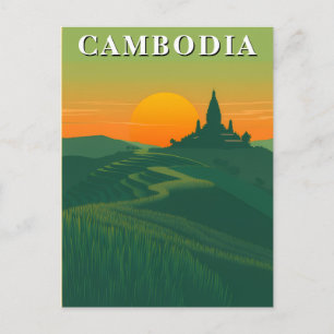 Postal Campos de arroz y templo de viaje vintage Camboya