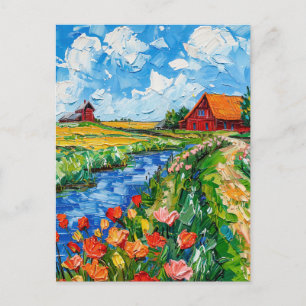 Postal Campos de tulipanes con granero y pintura de fanta