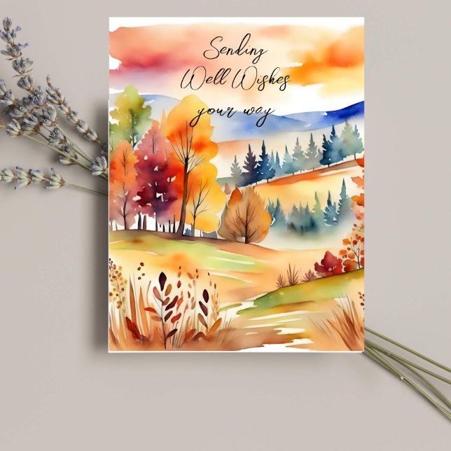Postal Campos otoñales paisaje acuático de otoño buenos d (Fall watercolor landscape well wishes postcard autumn fields colorful scenery )