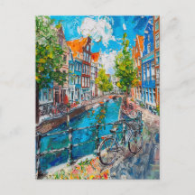 Canal with Bicycles and Colorful Houses Painting