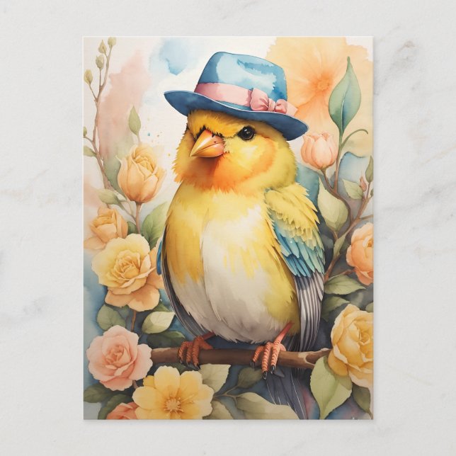Postal Canario con sombrero Fedora (Anverso)
