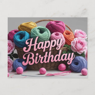 Postal Canasta de Cumpleaños con Bolas de Hilo y Rosas 