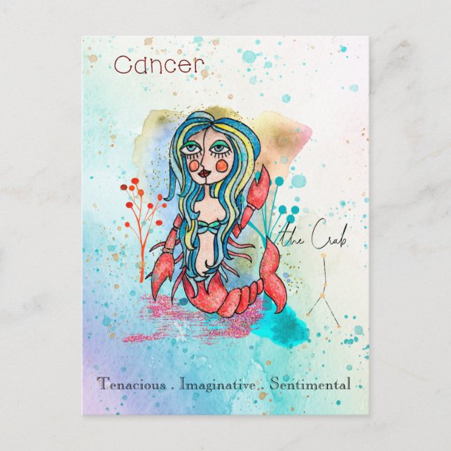 Postal Cáncer de Rótulo zodiaco Chica caprichosa Cangrejo (Anverso)