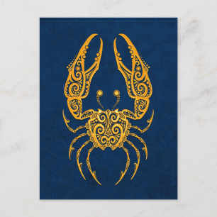 Postal Cáncer Zodiaco Amarillo Intrincado sobre Azul
