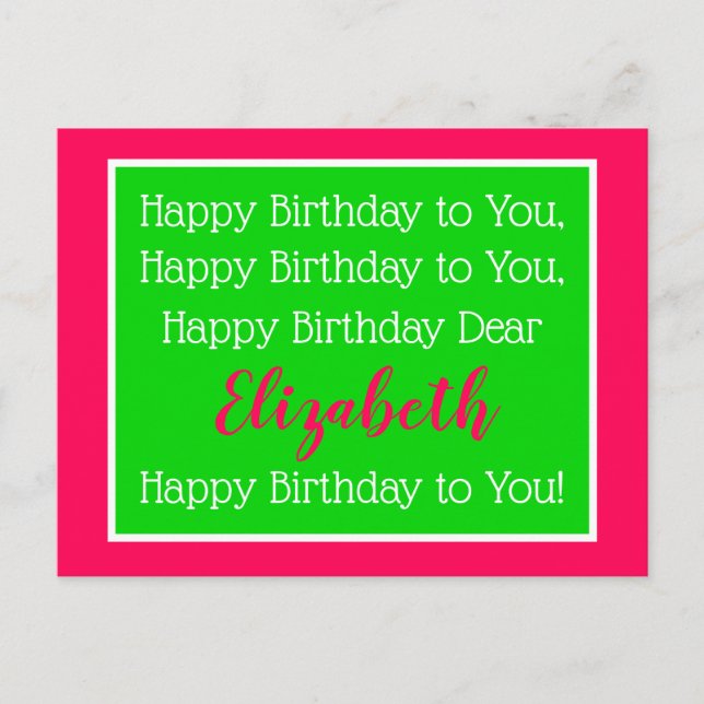 Postal Canción de cumpleaños feliz verde y rosado preppy (Anverso)