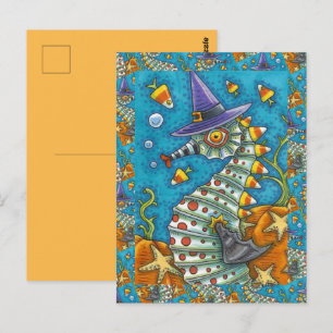 POSTAL CANDY CORN SEAHORSE, BAJO EL MAR HALLOWEEN PESCADO