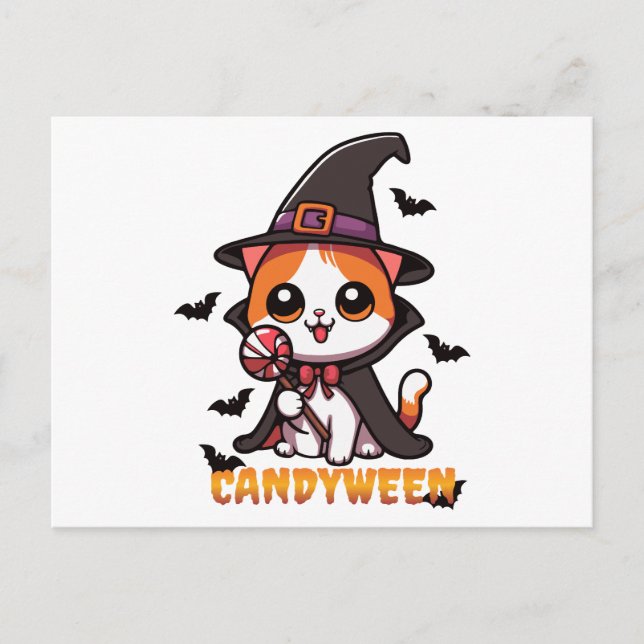 Postal candyween - halloween de brujas gatas (Anverso)