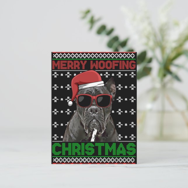 Postal Cane Corso Dog Funny Merry Woofing Navidades (Anverso de pie)