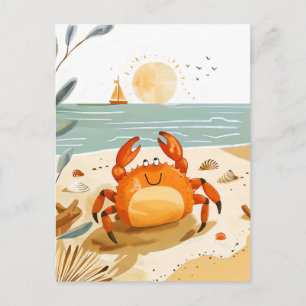 Postal Cangrejo de dibujos animados en la playa con barco