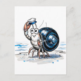 Postal Cangrejo ermitaño saludando alegremente en ilustra