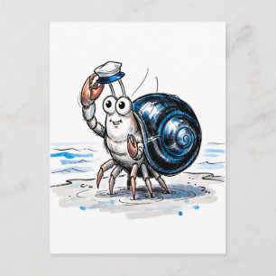 Postal Cangrejo ermitaño saludando alegremente en ilustra