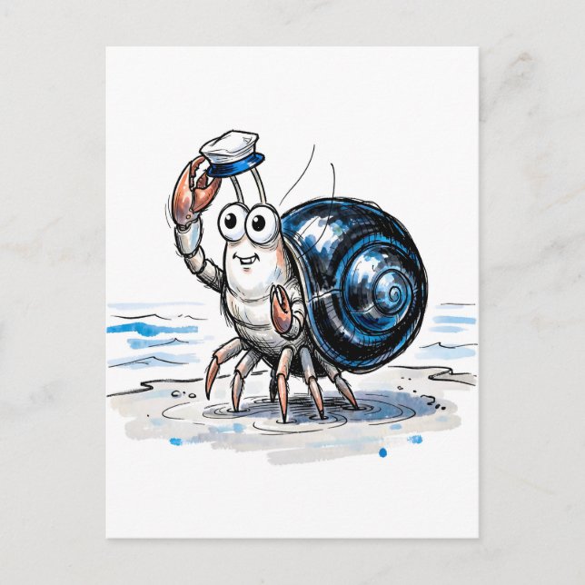 Postal Cangrejo ermitaño saludando alegremente en ilustra (Anverso)