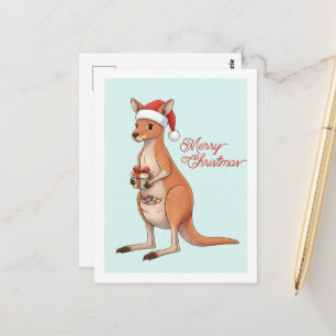 Postal Canguro Festivo Con Sombrero De Santa Navidad