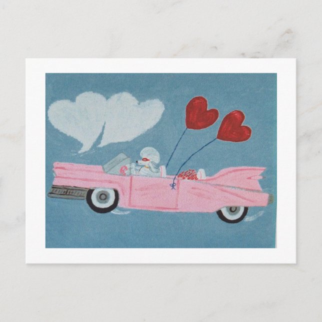 Postal Caniche en convertible rosa (Anverso)