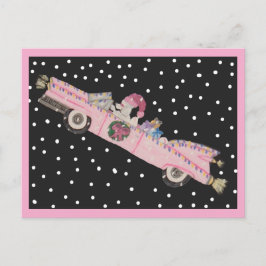 Postal Caniche en Navidad en un convertible rosa
