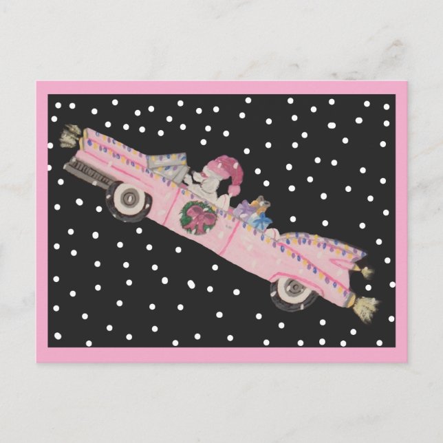 Postal Caniche en Navidad en un convertible rosa (Anverso)