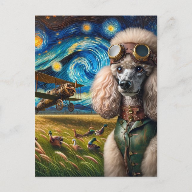 Postal Caniche y patos steampunk (Anverso)